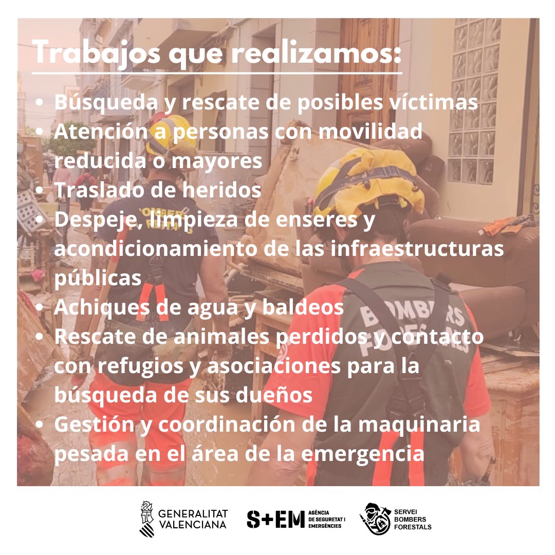 Servei Bomber(e)s Forestals GVA (@gvabforestals) on Twitter photo Más de 300 bomberos y bomberas forestales de la <a href="/generalitat/">Generalitat</a> hemos estado trabajando en el día de hoy en los municipios afectados por la #DANA.
¿Sabes cuáles son algunas de las tareas en las que más hemos intervenido?👇 Más de 300 bomberos y bomberas forestales de la <a href="/generalitat/">Generalitat</a> hemos estado trabajando en el día de hoy en los municipios afectados por la #DANA.
¿Sabes cuáles son algunas de las tareas en las que más hemos intervenido?👇
