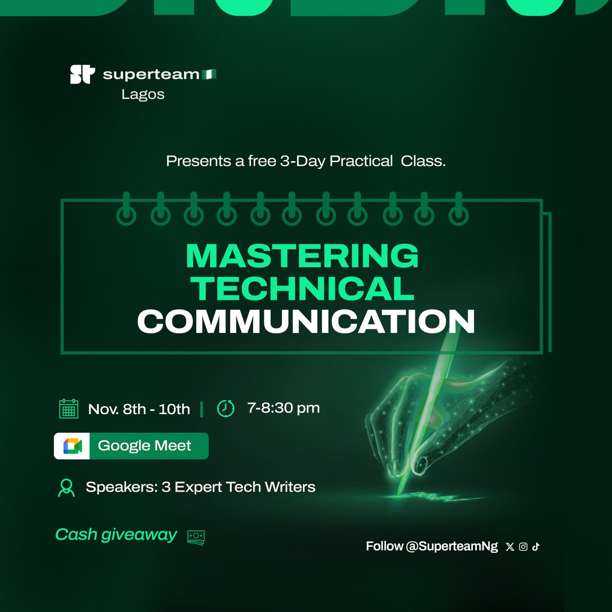 Writing is a craft, and like any craft, it needs constant sharpening. That’s why we’re taking it up a notch. 

Starting today, <a href="/SuperteamNG/">Superteam Nigeria</a> is hosting a 3-day technical writing workshop for our writers in Lagos.

Check out the flyer below for all the details: 👇🏽