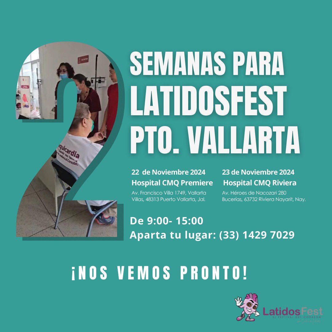 Ya estamos a dos semanas de LatidosFest #PuertoVallarta 
La campaña de salud es completamente #gratuita lo único que debes hacer es regístrate: (33)14297029 
¿A quién vemos por ahí?