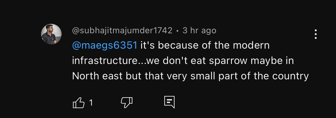 Litemsao's tweet photo. I was watching this channel (BEFRS) on youtube about a country eating sparrows as a delicacy/health benefits and the comment section had me fuming why mainland Indians have to always put it on us. I have never seen any Naga tribes eating sparrows. https://t.co/fp5tQsVuoI