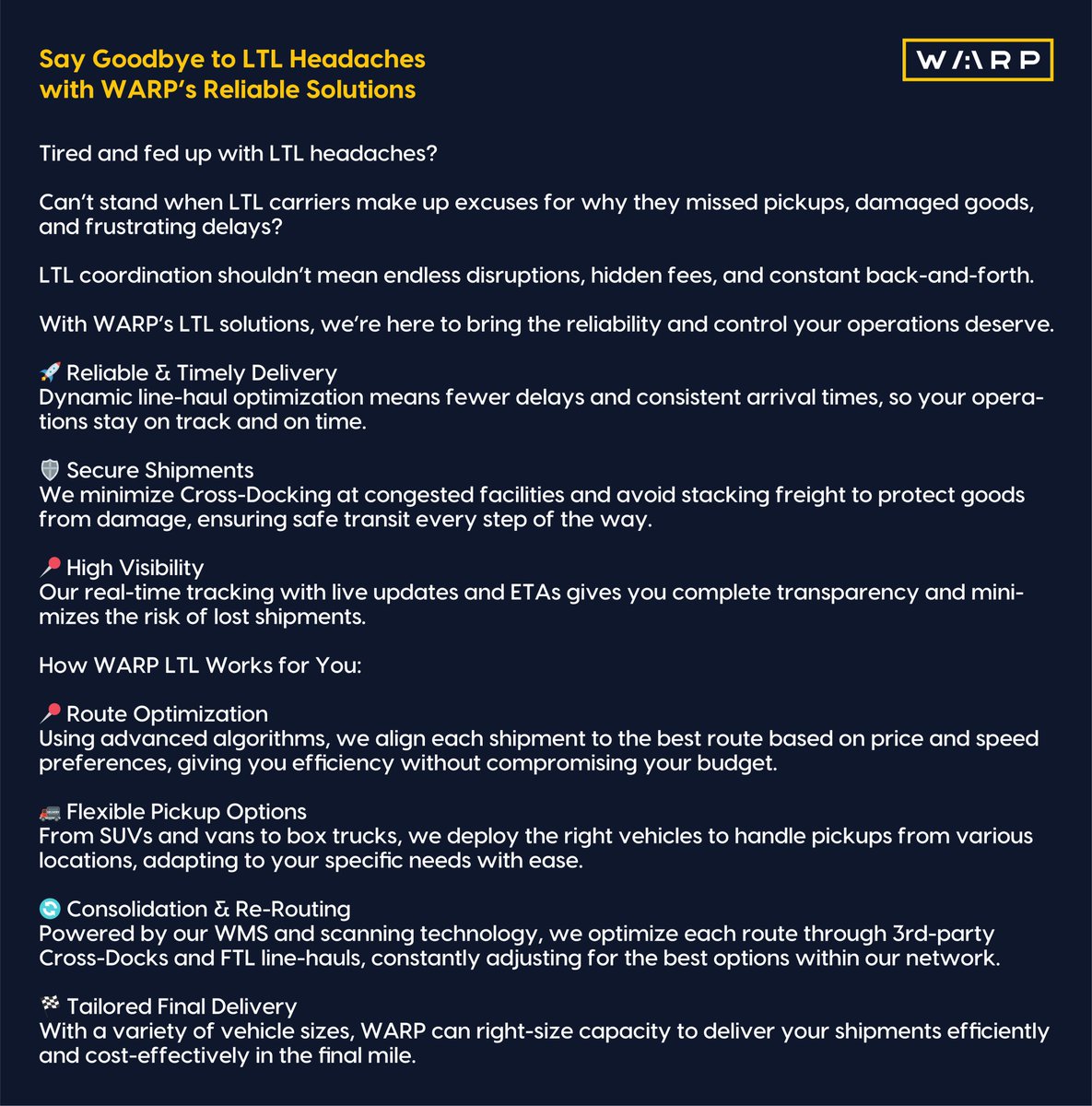 warptechco's tweet photo. Say Goodbye to LTL Headaches with WARP’s Reliable Solutions
Stop letting LTL disruptions hold you back.
Book a Strategy Call: https://t.co/v43qxmA1P7
#technology #middlemile #logistics #supplychain #crossdock #freighttech #logisticstech #LTL #logisticsinnovation https://t.co/GLnGrRT6p3