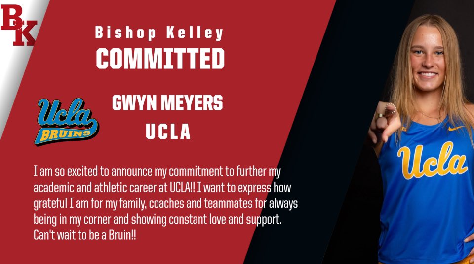 Bishop Kelley GXC (@bkgirlsxc) on Twitter photo Congratulations to Senior Gwyn Meyers on your commitment to UCLA to continue your academic and athletic career. Proud of all your hard work and all you have done for Bishop Kelley across Country and our Community Gwyn.
🩵🐻
<a href="/UCLAXC/">UCLA Cross Country</a>
<a href="/UCLATrack_Field/">UCLA Track & Field</a>
<a href="/OkMileSplit/">Oklahoma MileSplit</a>
#bruins Congratulations to Senior Gwyn Meyers on your commitment to UCLA to continue your academic and athletic career. Proud of all your hard work and all you have done for Bishop Kelley across Country and our Community Gwyn.
🩵🐻
<a href="/UCLAXC/">UCLA Cross Country</a>
<a href="/UCLATrack_Field/">UCLA Track & Field</a>
<a href="/OkMileSplit/">Oklahoma MileSplit</a>
#bruins