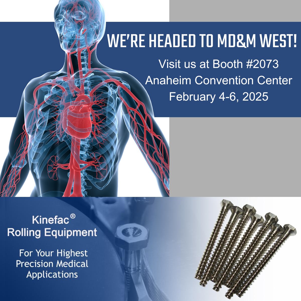 kinefac's tweet photo. Looking for Precision and Durability in Bone Screw Manufacturing?

Kinefac provides advanced thread rolling solutions tailored for the medical industry, ensuring bone screws meet the highest standards of quality and reliability.

Visit us at MD&amp;M West 2025 Booth #2073 https://t.co/jlfCcURTbR