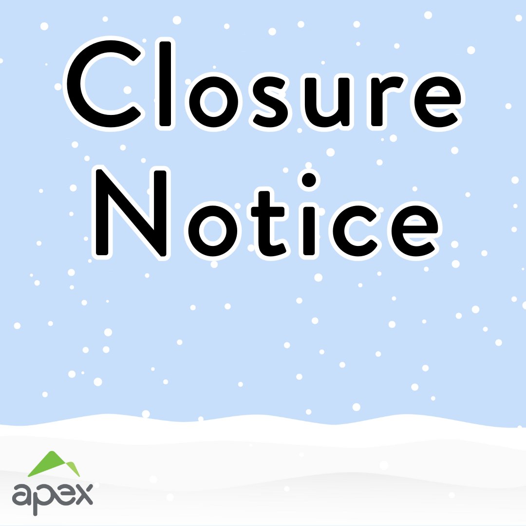 All Apex facilities will close early tonight at 4:00 pm, Apex Center pools will close at 3:30 pm, Friday, November 8. 
Normal business hours on Saturday, November 9, with the exception of the Apex Ice Arena which will open at 8 am. Check ApexPRD.org for information.
