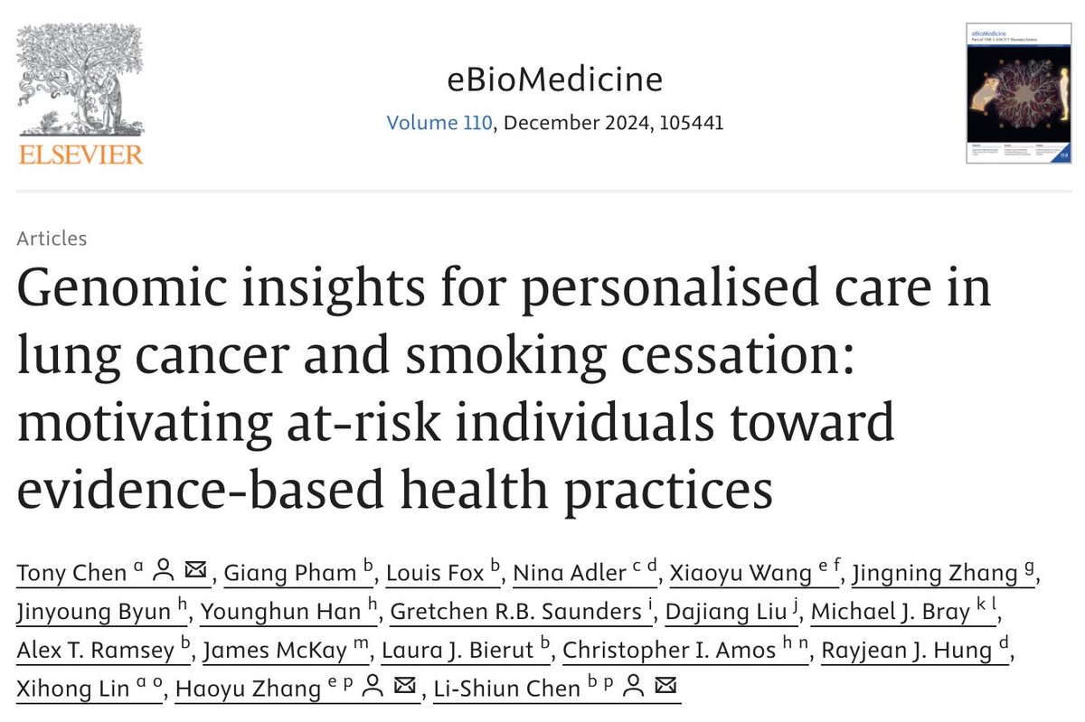 Tony (@tony_chen6) on Twitter photo Our paper introducing a PRS-based translation roadmap for lung cancer care is now published on <a href="/eBioMedicine/">eBioMedicine – The Lancet Discovery Science</a> ! Wonderful collaboration with <a href="/AndrewHaoyu/">Haoyu Zhang</a> , <a href="/lishiunchen/">Li-Shiun Chen</a> , ILCCO and GSCAN towards the clinical implementation of PRS.
sciencedirect.com/science/articl… Our paper introducing a PRS-based translation roadmap for lung cancer care is now published on <a href="/eBioMedicine/">eBioMedicine – The Lancet Discovery Science</a> ! Wonderful collaboration with <a href="/AndrewHaoyu/">Haoyu Zhang</a> , <a href="/lishiunchen/">Li-Shiun Chen</a> , ILCCO and GSCAN towards the clinical implementation of PRS.
sciencedirect.com/science/articl…