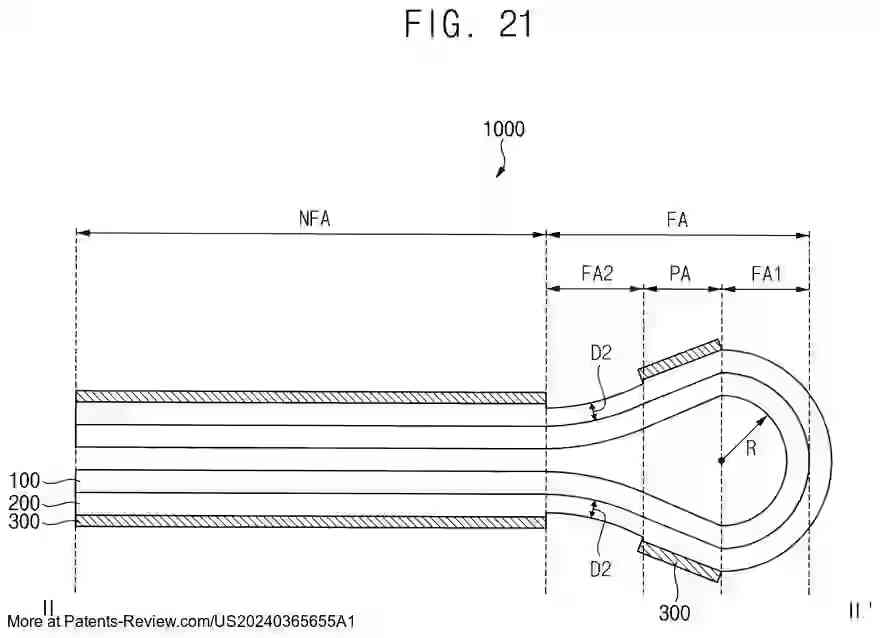 PatentPulse's tweet image. #Samsung's latest patent appl. #US20240365655A1 reveals a #FoldableDisplay device with a flexible module featuring distinct foldable and non-foldable areas. A first plate with grooves supports the structure. #SamsungDisplay $SSNLF #DisplayTech