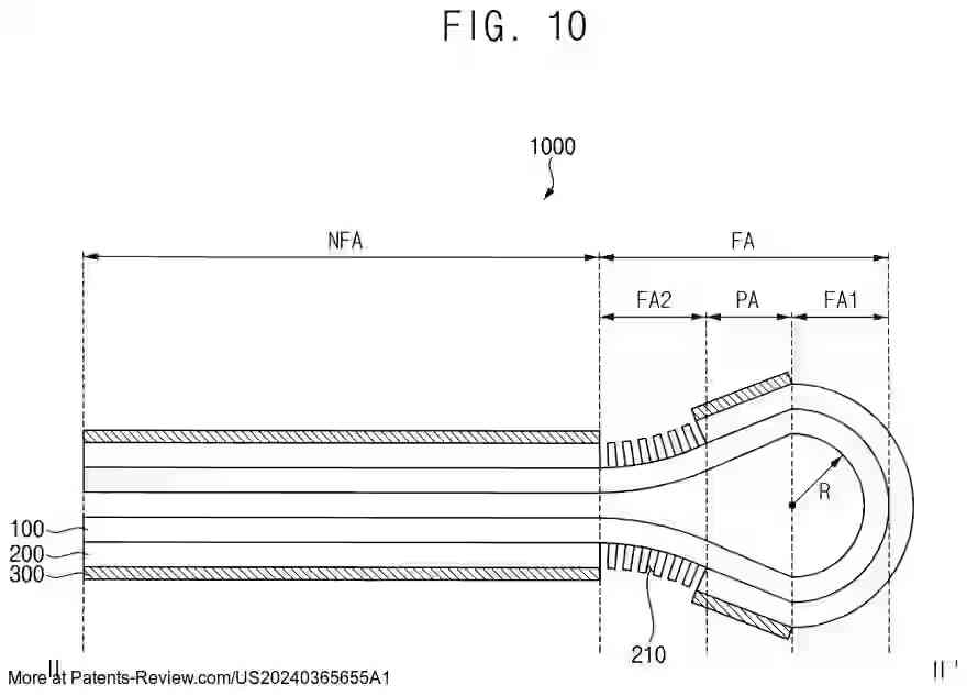 PatentPulse's tweet image. #Samsung's latest patent appl. #US20240365655A1 reveals a #FoldableDisplay device with a flexible module featuring distinct foldable and non-foldable areas. A first plate with grooves supports the structure. #SamsungDisplay $SSNLF #DisplayTech