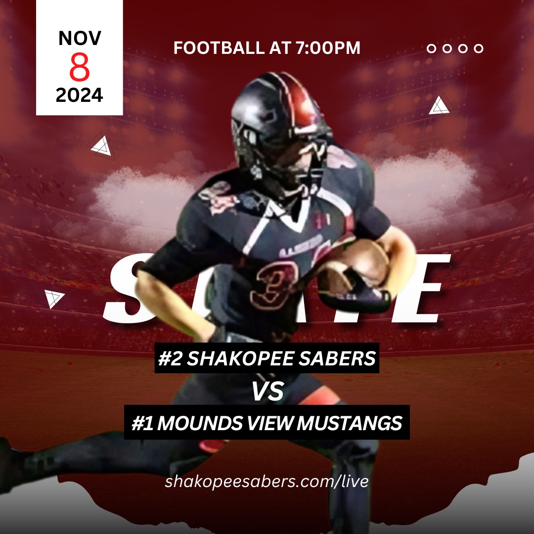 SabersLive (@saberslive) on Twitter photo 🏐 <a href="/SaberFootball16/">Shakopee Football</a> vs <a href="/MoundsviewFB/">Mounds View Football</a>! With state tournament hopes on the line, it's a can’t-miss battle!
🗓️ Nov 8, 2024, 7 PM
📺 Stream: prepspotlight.tv/mshsl
#MNHighSchoolSports #Volleyball 🏐 <a href="/SaberFootball16/">Shakopee Football</a> vs <a href="/MoundsviewFB/">Mounds View Football</a>! With state tournament hopes on the line, it's a can’t-miss battle!
🗓️ Nov 8, 2024, 7 PM
📺 Stream: prepspotlight.tv/mshsl
#MNHighSchoolSports #Volleyball