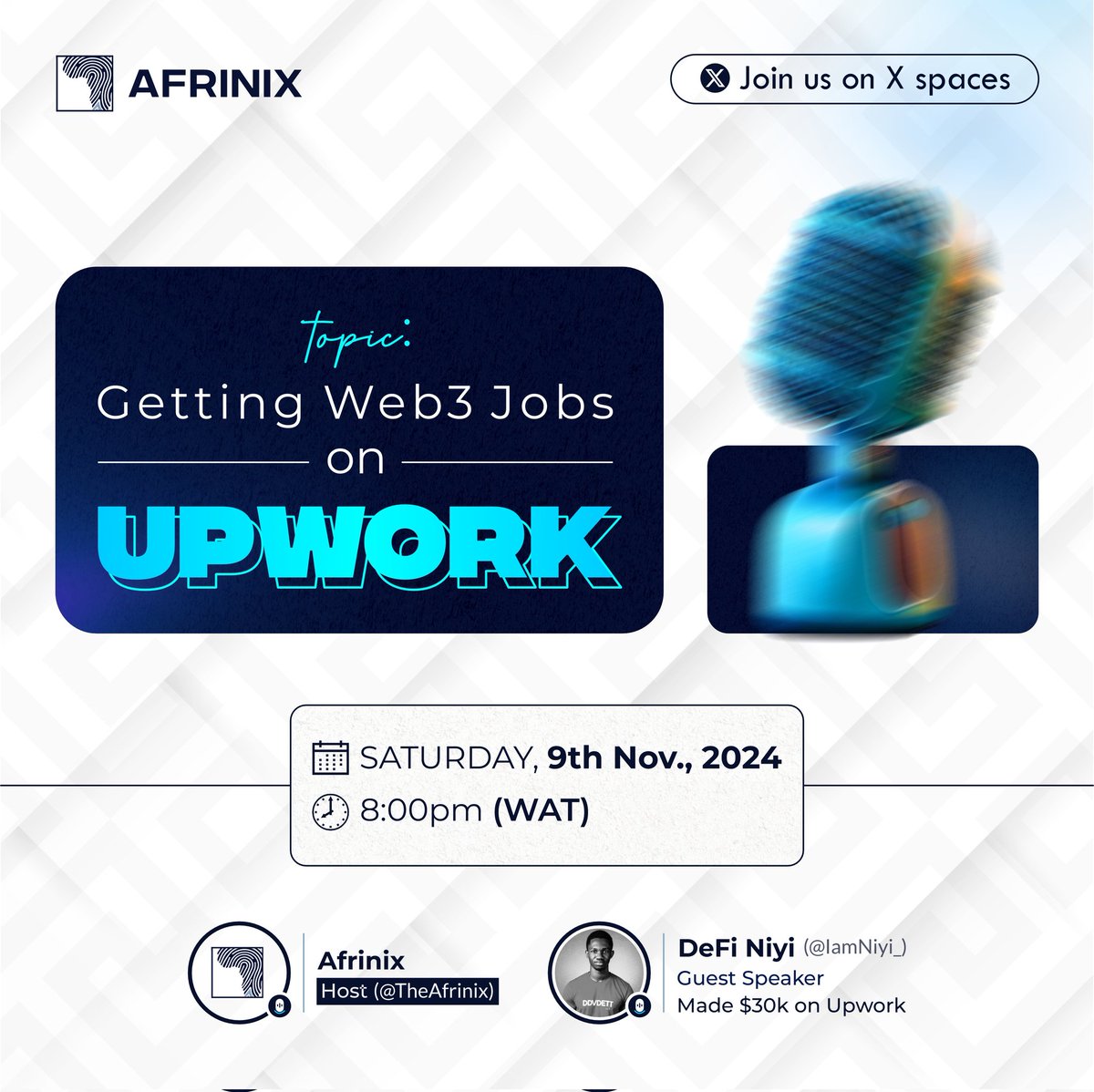 Afrinix ๐ (@theafrinix) on Twitter photo You don't wanna miss our space tomorrow!
Who says you can't get web3 jobs via Upwork?!
Join us tomorrow, as our very special guest <a href="/IamNiyi_/">DeFi Niyi ๐ป๐</a>, shows us how it's done! ๐
You don't wanna miss this!
โข Set your reminders
โข Like and repost!
LFG! ๐ฅ
x.com/i/spaces/1DXxyโฆ You don't wanna miss our space tomorrow!
Who says you can't get web3 jobs via Upwork?!
Join us tomorrow, as our very special guest <a href="/IamNiyi_/">DeFi Niyi ๐ป๐</a>, shows us how it's done! ๐
You don't wanna miss this!
โข Set your reminders
โข Like and repost!
LFG! ๐ฅ
x.com/i/spaces/1DXxyโฆ