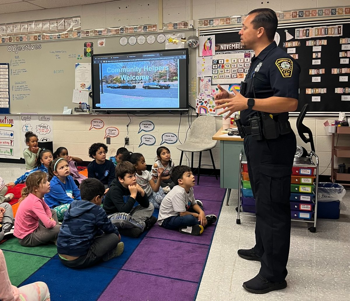 Mrs. Papszycki and Mrs. Brannen's 1st grade classes complied questions and interviewed Officer Taborda as part of their Social Studeis unit and in keeping with NPS' focus on critical thinking skills! Way to go Swans!