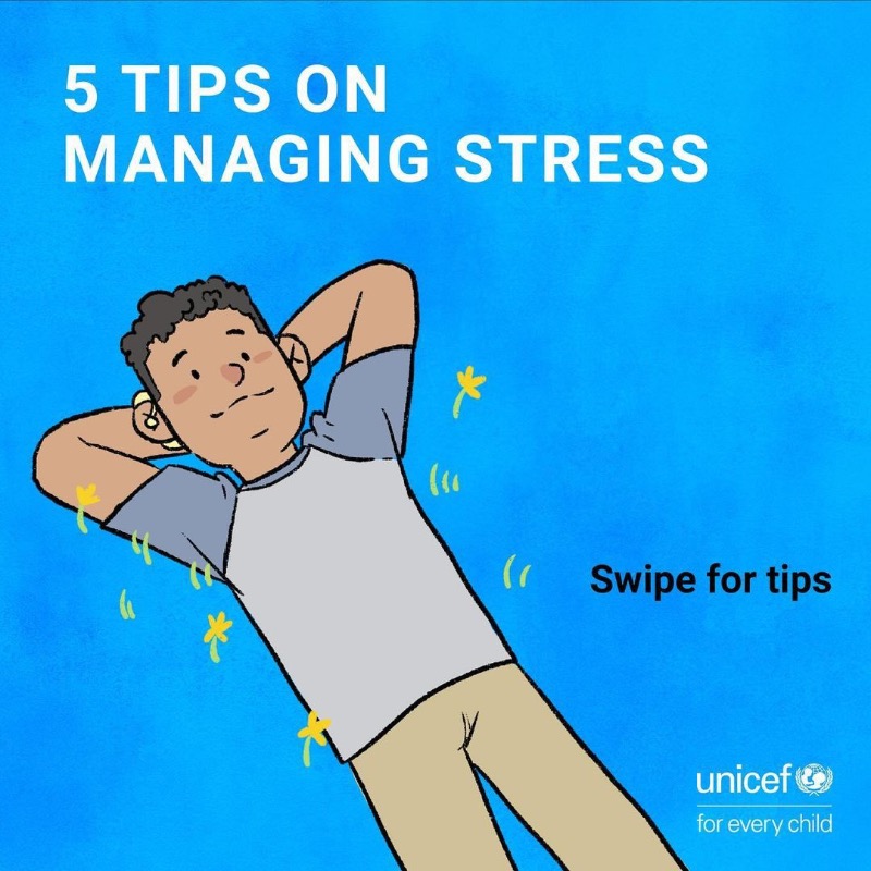 UN's tweet photo. Prioritizing mental health is important each and every day, particularly during times of high stress.

@UNICEF has five quick techniques to help you manage stress &amp; take care of your mental well-being. ⬇️