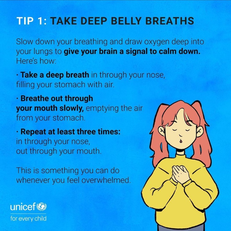 UN's tweet photo. Prioritizing mental health is important each and every day, particularly during times of high stress.

@UNICEF has five quick techniques to help you manage stress &amp; take care of your mental well-being. ⬇️