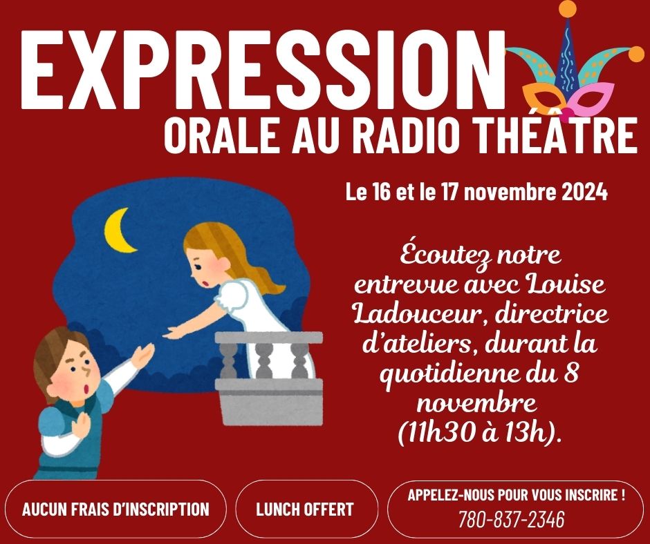 Rencontrez Louise Ladouceur durant Échos du Nord-Ouest, notre émission quotidienne. Elle nous parle des ateliers qu'elle dirige le 16 et le 17 novembre à Falher.