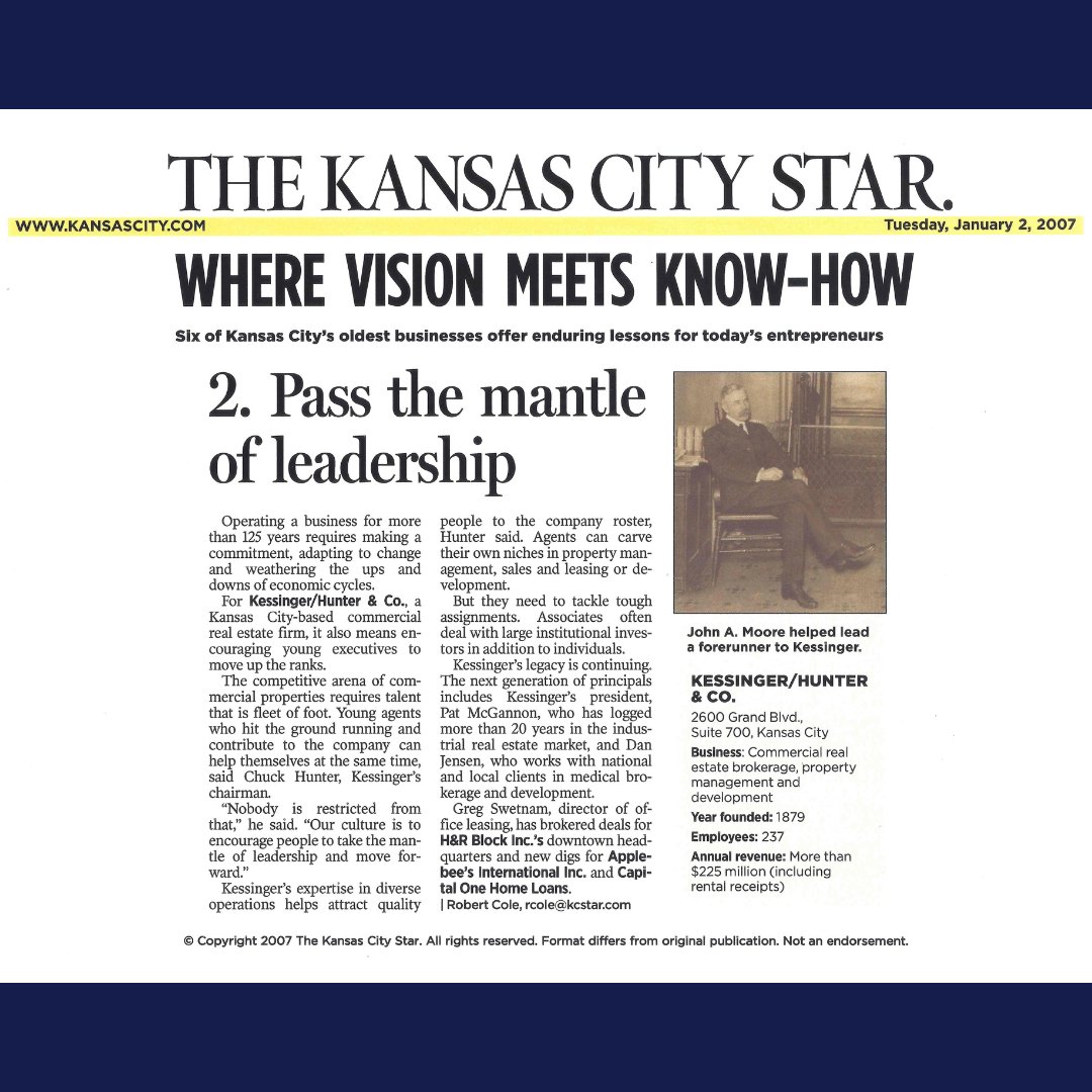 KessingerHunter's tweet photo. At Kessinger Hunter, we still believe in passing the mantle of leadership, just as we did over a century ago. For more than 140 years, we’ve fostered growth by encouraging new generations of talent to take on challenges and make an impact. 

#Legacy #Leadership #KC #CRE https://t.co/x75HY0PJkB