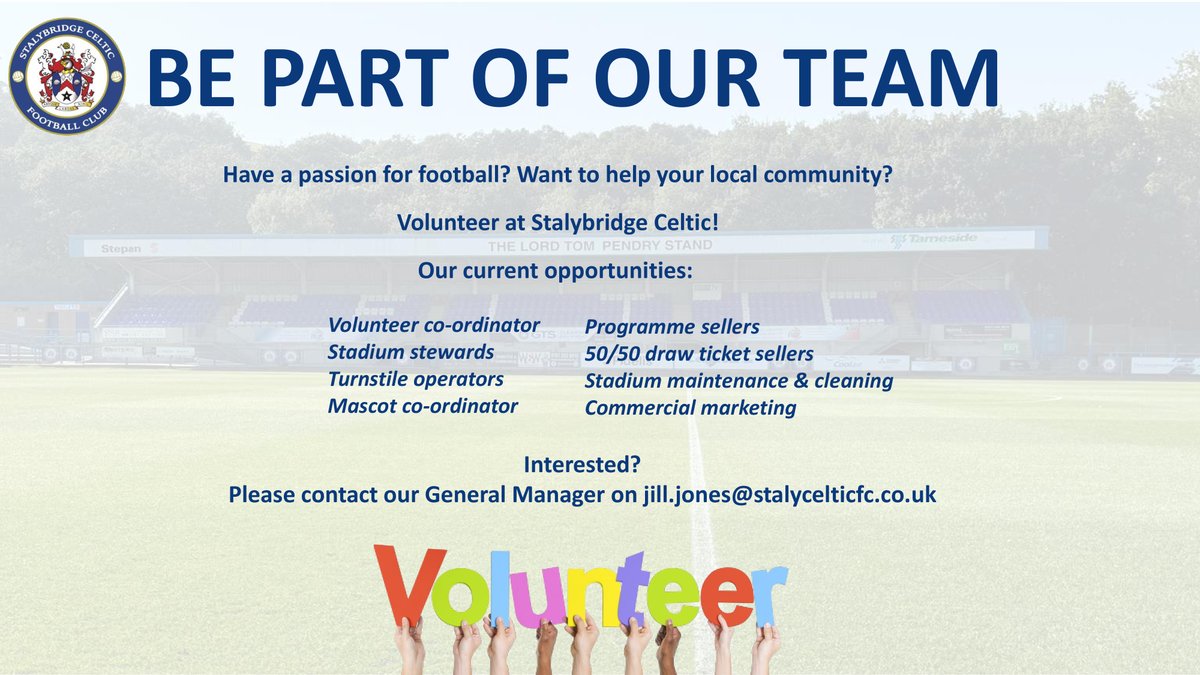 StalyCelticFC's tweet photo. We would love you to come and join our team of valued volunteers at Stalybridge Celtic. 

We're on an exciting journey - join us and be part of our team.  

Details of our current opportunities 👇 https://t.co/L84zPPq6TN