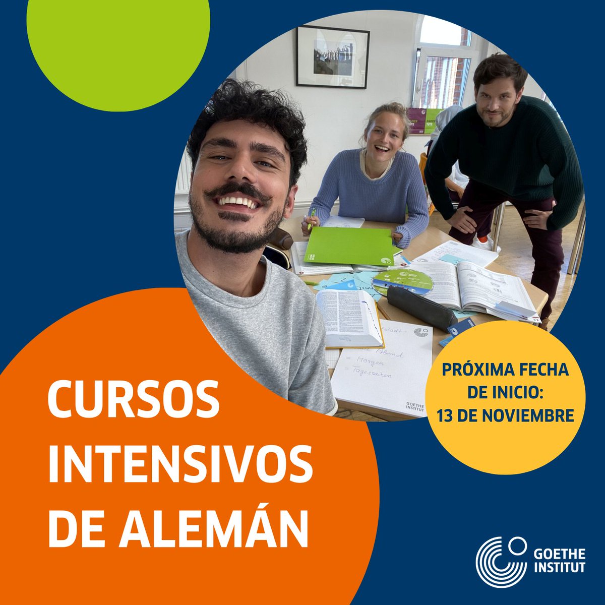 ¿Quieres aprender alemán? ¡Se vienen los últimos cursos intensivos del año! El 13 de noviembre comienzan las clases, tanto presenciales como online.  Más información en goethe.de/chile/cursos.