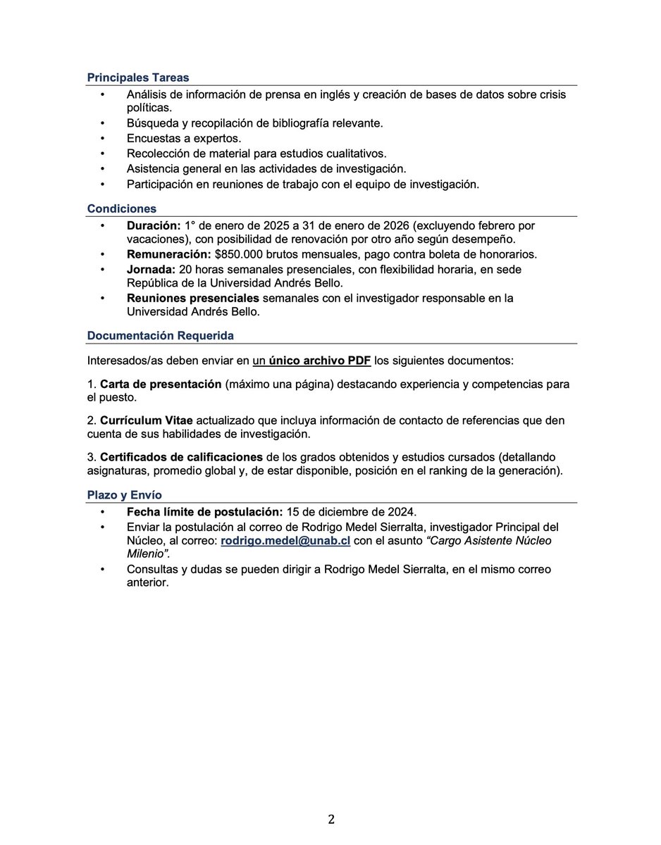 ¡Llamado a concurso para Asistente de Investigación!
Únete a nuestro Núcleo Milenio CRISPOL sobre crisis políticas en América Latina. Buscamos 2 profesionales en ciencias sociales.
Postulaciones hasta el 15 de diciembre de 2024.
<a href="/StephanieAlenda/">Stéphanie Alenda</a> <a href="/martineznourdin/">Christopher A. Martínez</a> <a href="/jujuchi/">Julieta Suárez-Cao (she/her/ella)</a>