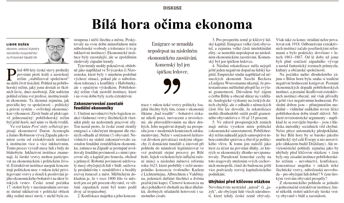 dusek_libor's tweet photo. 404 let od Bílé hory, největší ekonomické katastrofy našich dějin. 

Omlouvám se, že recykluju článek z kulatého výročí. Ale teorie, na které stojí, byla zrovna letos oceněna Nobelovkou. Také zde přibylo sledujících (díky!), snad si nové čtenáře najde.
https://t.co/Hd2TRllpfg https://t.co/Yma1hEDCtD
