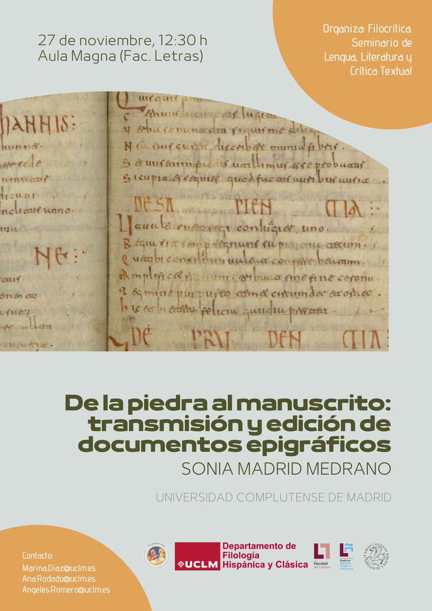 SEEC Castilla-La Mancha (@seec_clm) on Twitter photo El próximo 27 de noviembre, a las 12:30, Sonia Madrid, de <a href="/ClasicasUCM/">Departamento de Filología Clásica UCM</a>, estará en <a href="/DeLetras_UCLM/">Facultad Letras UCLM</a> explicando el complicado proceso de transmisión y edición de documentos epigráficos.
¡Os esperamos! El próximo 27 de noviembre, a las 12:30, Sonia Madrid, de <a href="/ClasicasUCM/">Departamento de Filología Clásica UCM</a>, estará en <a href="/DeLetras_UCLM/">Facultad Letras UCLM</a> explicando el complicado proceso de transmisión y edición de documentos epigráficos.
¡Os esperamos!