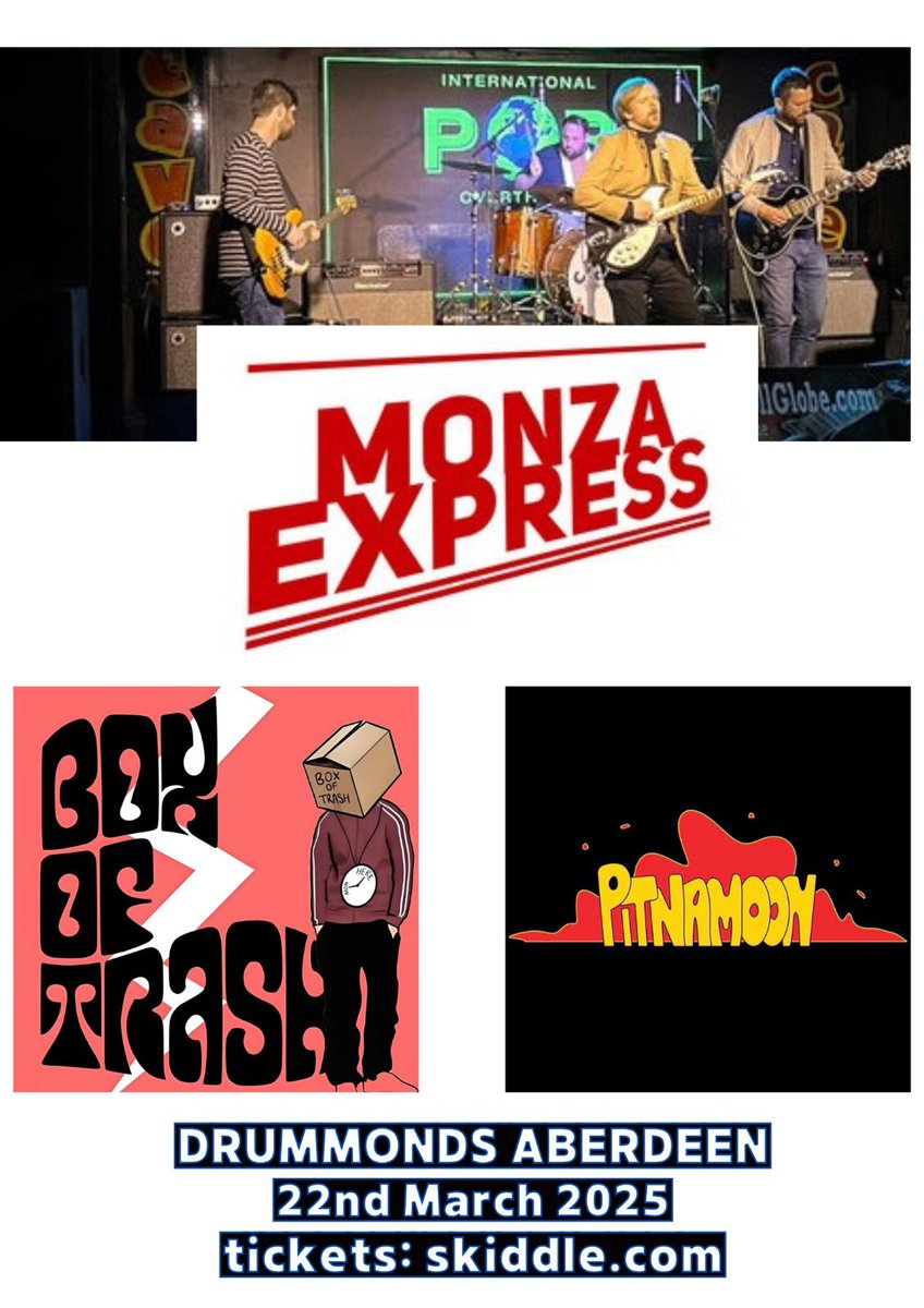 Monza Express (@monzaexpress) on Twitter photo ABERDEEN WEโRE BACK
Weโre taking on <a href="/DrummondsAberd1/">Drummonds Aberdeen</a> on 22nd March and weโre taking <a href="/boxoftrashmusic/">Box Of Trash</a> and <a href="/pitnamoon/">Pitnamoon Band</a> with us.
Tickets available now at Skiddle.com (no dynamic pricing ๐
Weโre going all out and we want you to join us.
#Aberdeen #indiemusic #livemusic ABERDEEN WEโRE BACK
Weโre taking on <a href="/DrummondsAberd1/">Drummonds Aberdeen</a> on 22nd March and weโre taking <a href="/boxoftrashmusic/">Box Of Trash</a> and <a href="/pitnamoon/">Pitnamoon Band</a> with us.
Tickets available now at Skiddle.com (no dynamic pricing ๐
Weโre going all out and we want you to join us.
#Aberdeen #indiemusic #livemusic