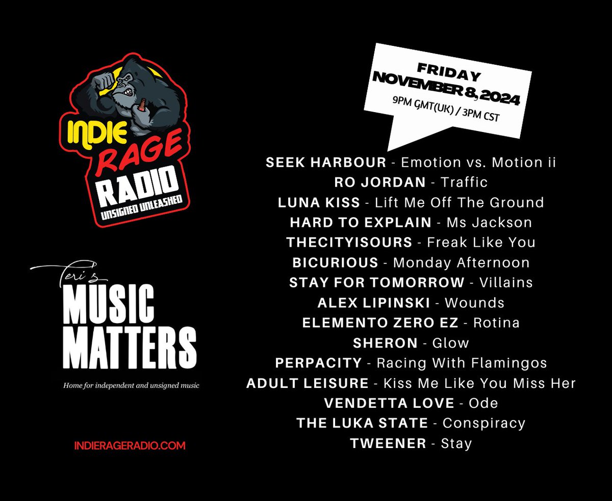 Teri's MusicMatters (@musicmatters_t) on Twitter photo Today 9pmGMT 3pmCST
Tune into <a href="/IndieRageRadio/">Indie Rage Radio</a>
🔊indierageradio.com
#MusicMatters play fantastic new music from
<a href="/alexlipinski1/">Alex Lipinski</a> <a href="/elementozeroez/">Elemento Zero - EZ Band (Perfil Oficial)</a> <a href="/sharonzaz/">Sharon Sibert</a> <a href="/PerpacityREAL/">Perpacity</a> <a href="/AdultLeisureUK/">Adult Leisure</a> <a href="/VendettaLove_/">Vendetta Love</a> <a href="/TheLukaState/">The Luka State</a> #Tweener +more
Info: facebook.com/MusicMattersWi…
#NewMusicAlert Today 9pmGMT 3pmCST
Tune into <a href="/IndieRageRadio/">Indie Rage Radio</a>
🔊indierageradio.com
#MusicMatters play fantastic new music from
<a href="/alexlipinski1/">Alex Lipinski</a> <a href="/elementozeroez/">Elemento Zero - EZ Band (Perfil Oficial)</a> <a href="/sharonzaz/">Sharon Sibert</a> <a href="/PerpacityREAL/">Perpacity</a> <a href="/AdultLeisureUK/">Adult Leisure</a> <a href="/VendettaLove_/">Vendetta Love</a> <a href="/TheLukaState/">The Luka State</a> #Tweener +more
Info: facebook.com/MusicMattersWi…
#NewMusicAlert
