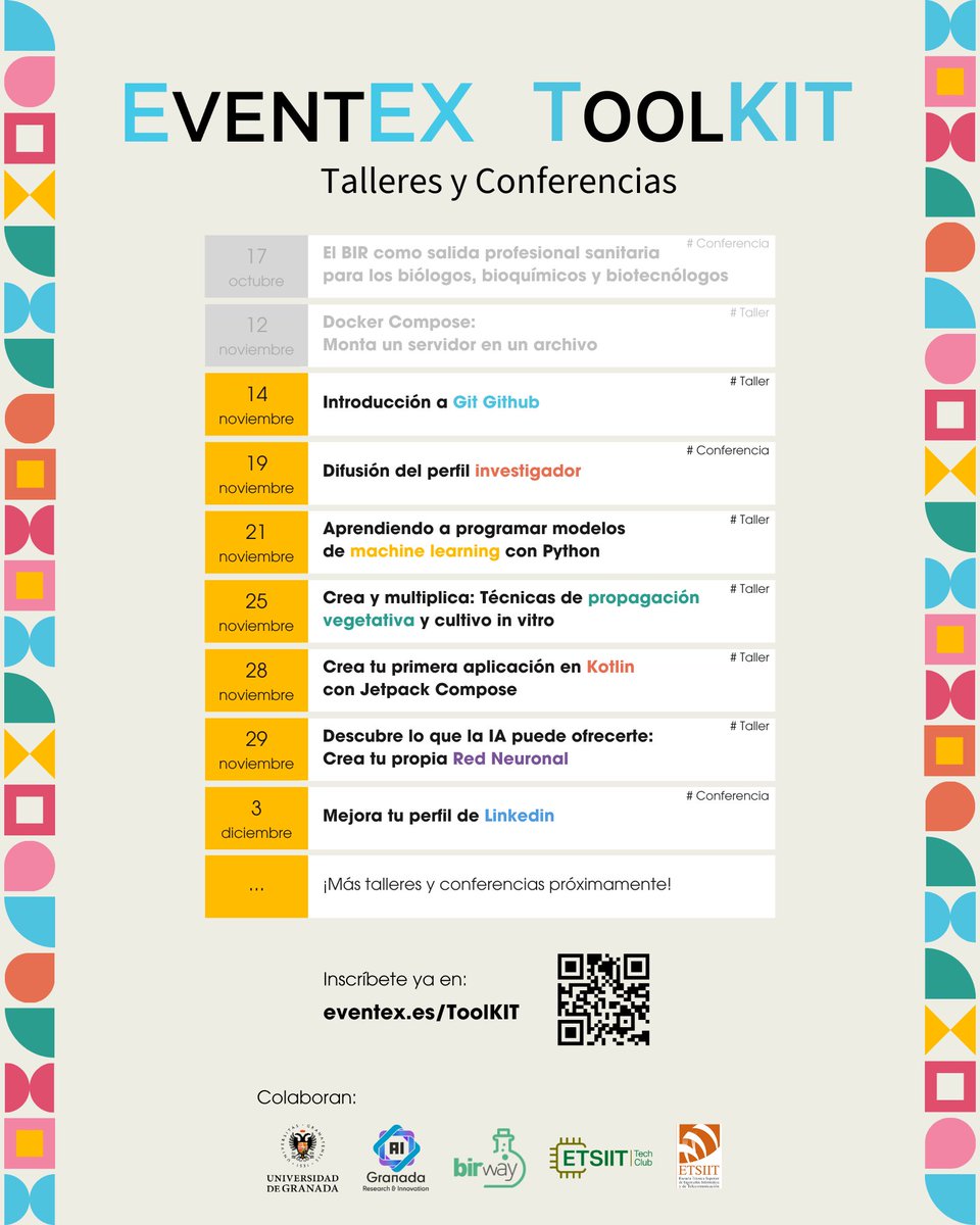EventEX (@eventexgranada) on Twitter photo Taller - Introducción a Git Github
🗣️ Antonio José Laredo Ortiz, del <a href="/etsiittech_club/">ETSIITTech_Club</a>
🌐 Inscripción en eventex.es/ToolKIT
📅 14 de noviembre de 2024
🕜 13:30 horas
📍 ETSIIT (Granada)
Explora los comandos esenciales de Git y cómo utilizar GitHub. Taller - Introducción a Git Github
🗣️ Antonio José Laredo Ortiz, del <a href="/etsiittech_club/">ETSIITTech_Club</a>
🌐 Inscripción en eventex.es/ToolKIT
📅 14 de noviembre de 2024
🕜 13:30 horas
📍 ETSIIT (Granada)
Explora los comandos esenciales de Git y cómo utilizar GitHub.