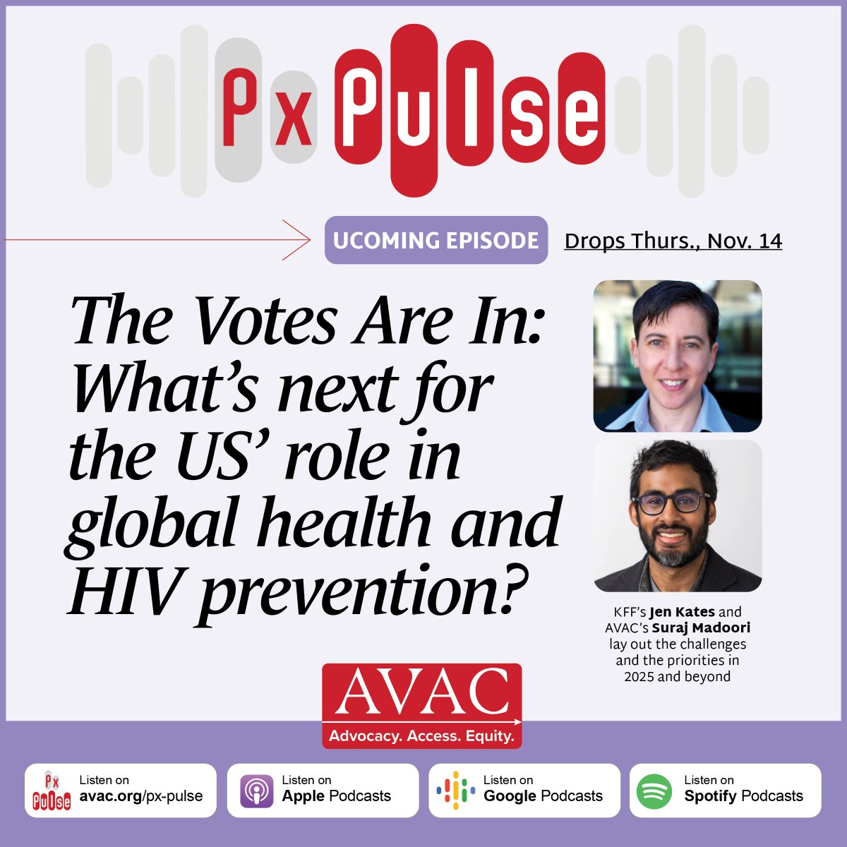 HIVpxresearch's tweet photo. 🎧UPCOMING EPISODE! Stay tuned as we begin to analyze what the results of the US election mean for global health &amp; HIV prevention. Our #PxPulse podcast with @jenkatesdc of @KFF &amp; AVAC’s Suraj Madoori hits airways next week. Find it here, https://t.co/idv8FDXl2b. https://t.co/JWeSJWK2RJ