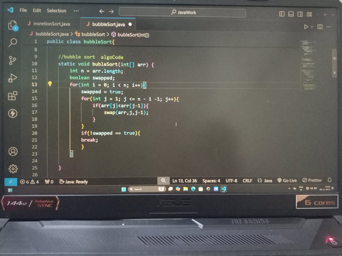 rishabhgiri024's tweet image. &quot;Today I ✅ Successfully understand and  implement&apos;s Bubble sort  algorithm.
Why use ?
No need of copying elements while swapping , Hence O(1)  space complexity.
Bubble&apos;s my sorting skills in DSA. @kunalstwt #100DaysOfCode #Java #DSA #CodingJourney