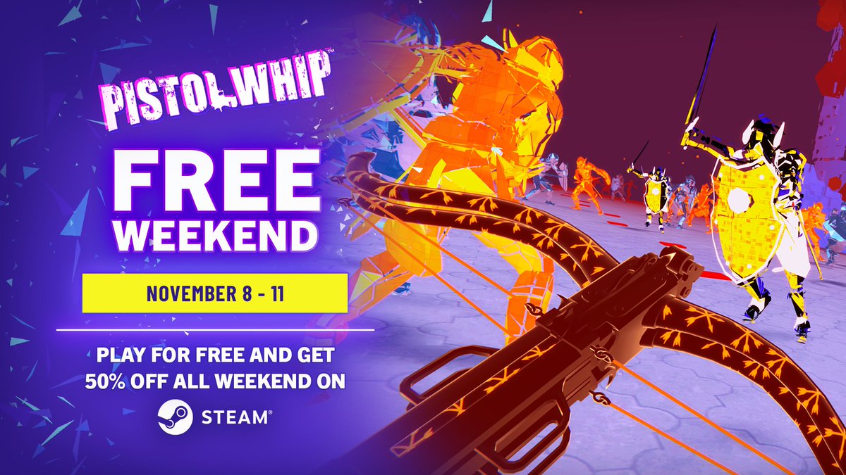 PistolWhipVR's tweet photo. Happy Anniversary Pistol Whip 🎉!

Get access to the game for FREE all weekend long. Aspiring Heroes can also grab PW with the deepest discount we’ve ever had on Steam - 50% off to celebrate five years!

Dive into the Pistolverse ▶️ https://t.co/5RjXzFJxlx https://t.co/EOV9Y9vnBs