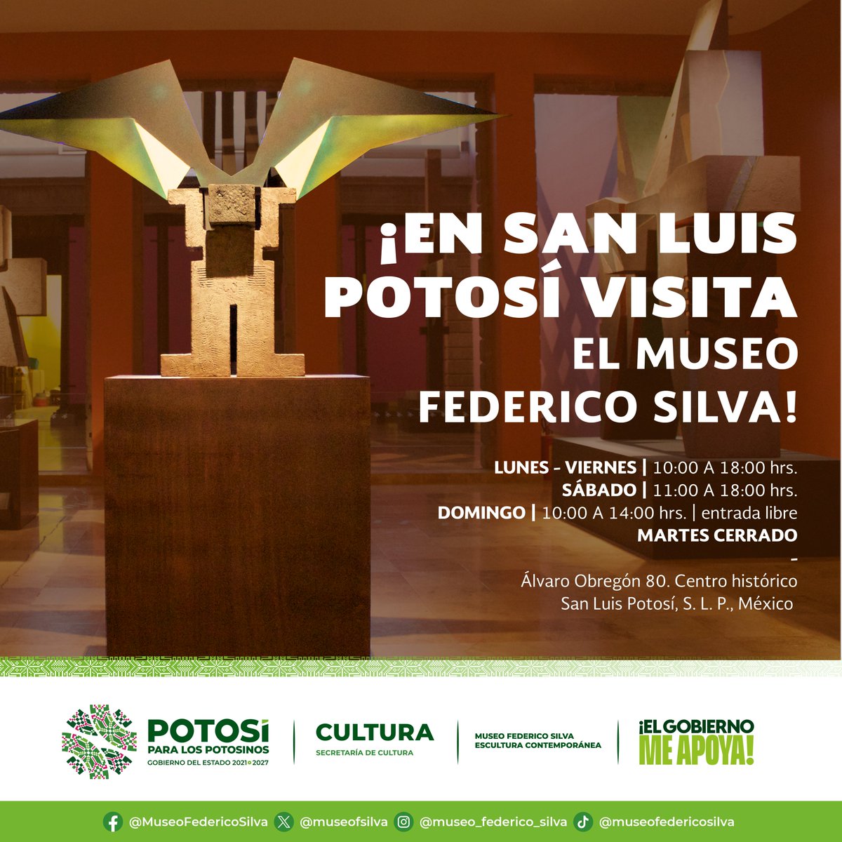 MUSEOFSILVA's tweet photo. ¡Este fin de semana no olvides visitar el #MuseoFedericoSilva ! 🤪 Ven a conocer las 4 exposiciones que tenemos vigentes.
HORARIOS: viernes 10:00 a 18:00 hrs, sábado 11:00 a 18:00 hrs, domingo (entrada gratuita) 10:00 a 14:00 hrs.
#TuMuseoFavorito #AmamosElArte #MuseosGratis https://t.co/Aeb4dfSPtU