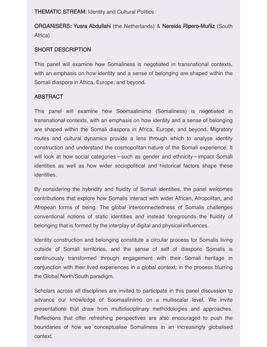Yusra Abdullahi (@ysabdullahi) on Twitter photo The call for papers for #ECAS2025 is open. I am putting together a panel with <a href="/NereidaRipero/">nereida ripero</a> on Somali cosmopolitanism and how the concept of Somaliness is negotiated in transnational contexts. See ecasconference.org/2025/ for more information on how to submit your work! The call for papers for #ECAS2025 is open. I am putting together a panel with <a href="/NereidaRipero/">nereida ripero</a> on Somali cosmopolitanism and how the concept of Somaliness is negotiated in transnational contexts. See ecasconference.org/2025/ for more information on how to submit your work!