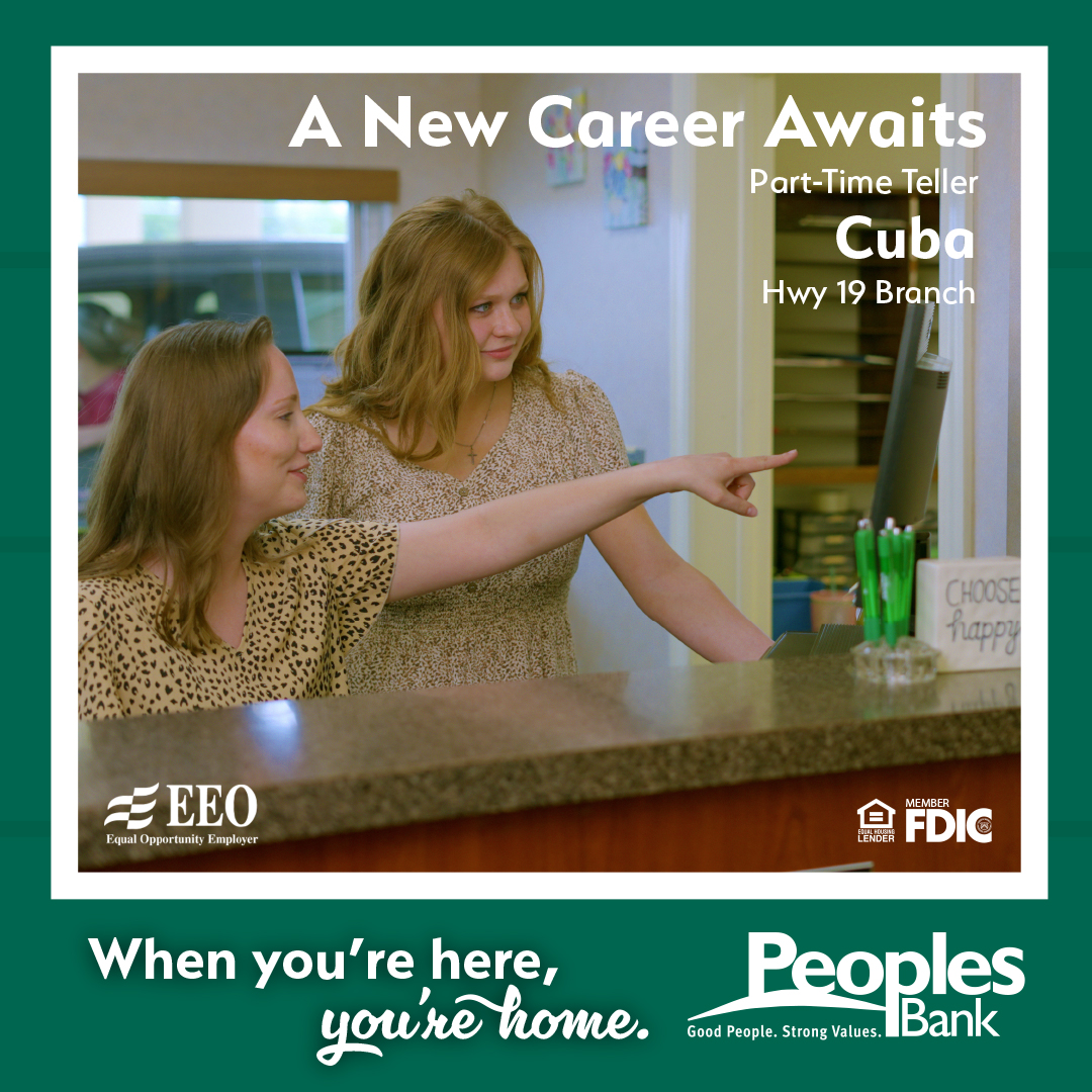 PeoplesBk's tweet photo. Peoples Bank is hiring a Part-Time Teller at our Hwy 19 branch in Cuba! If you're friendly, detail-oriented, and ready to help our community, we’d love to hear from you. Apply today and become part of a team that puts people first!
🔗 Apply Now: https://t.co/gFPySl1dXK https://t.co/BnEju75btb