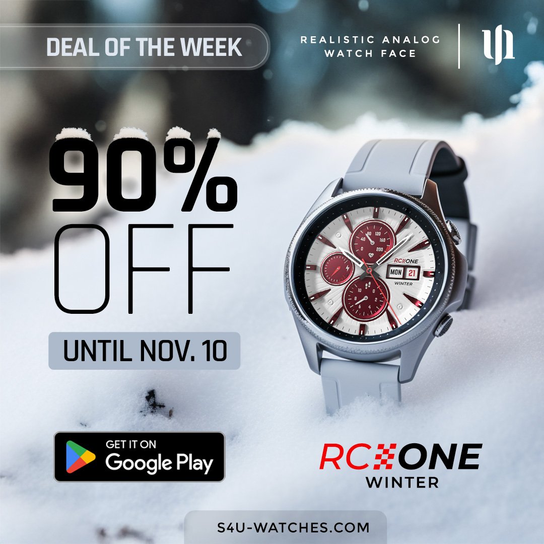 MStyles4you's tweet photo. This weekend you can get the S4U RC ONE Winter with a 90% discount until November 10. Compatible ONLY with all Wear OS 3+ smartwatches such as the Samsung Galaxy Watch 4, 5, 6 or 7 and some more.

Wear OS - Google Play (90% OFF):
https://t.co/uYSqzcBffx

#wearos 

🥳 https://t.co/wIiQyVr1A4