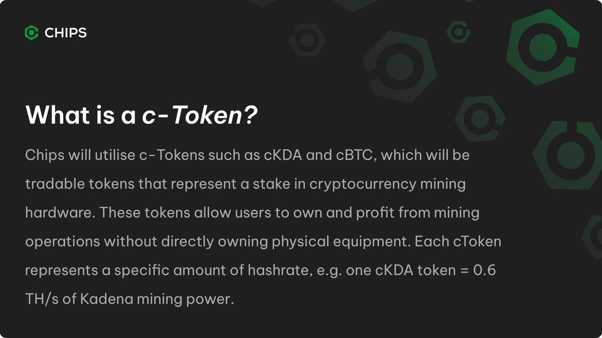 Next up in the series of learning about the Chips protocol: we have our "c-Tokens". Standing for Chips Tokens, we have 4 launching today: cBTC, cLTC, cKDA, and cKAS. 

Each one of these gives you ownership of ASIC miners for their respective algorithms with unparalleled