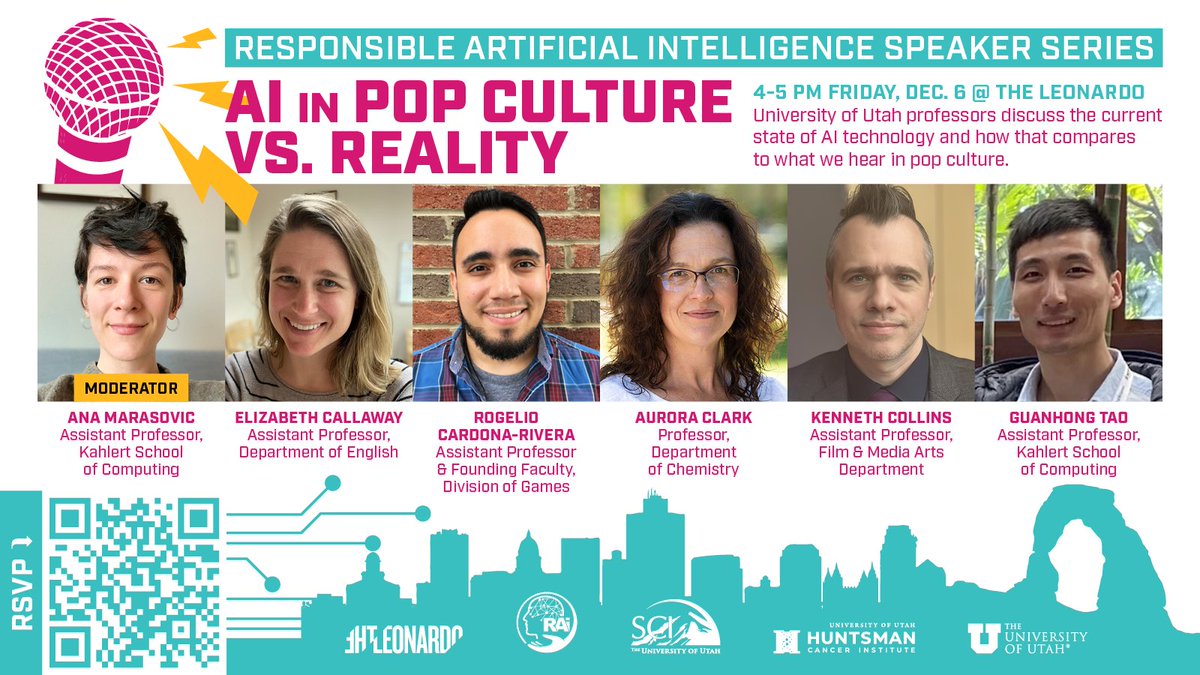 One-U Responsible AI Initiative (@oneu_rai) on Twitter photo 📷 AI media depictions & armchair expertise abound today. Think humanoid robots, virtual assistants, deepfake videos, & self-driving cars, & how these impact real & fictional societies. What’s plausible? Hear from <a href="/UUtah/">University of Utah</a> profs Dec 6 at <a href="/the_leonardo/">The Leonardo</a>! RSVP: lu.ma/sv2dlp6h 📷 AI media depictions & armchair expertise abound today. Think humanoid robots, virtual assistants, deepfake videos, & self-driving cars, & how these impact real & fictional societies. What’s plausible? Hear from <a href="/UUtah/">University of Utah</a> profs Dec 6 at <a href="/the_leonardo/">The Leonardo</a>! RSVP: lu.ma/sv2dlp6h