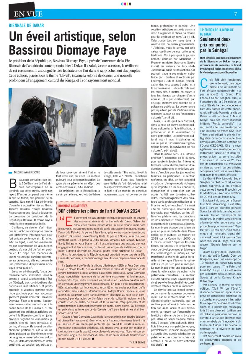 Dak_Artbiennale's tweet photo. BIENNALE DE DAKAR
Un éveil artistique, selon Bassirou Diomaye Faye

Le président de la République, Bassirou Diomaye Faye, a préside l'ouverture de la 15e
Biennale de l'art africain contemporain, hier à Dakar. Il a salué, à cette occasion, la résilience de cet événement. https://t.co/FzJlqOTsnG