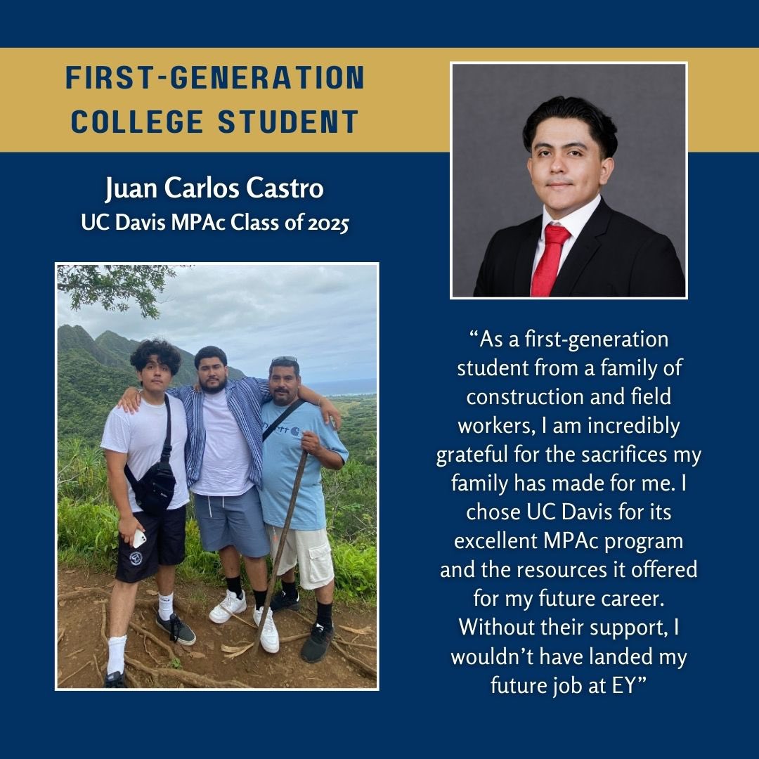 ucdavisbusiness's tweet photo. #FirstGenDay highlights the resilience and journeys of students and their families. Meet Juan from our Master of Professional Accountancy program, headed to @EY_US after graduation! 👏 #accounting #studentsuccess #ucdavis #celebratefirstgen https://t.co/ONvkLoFCN8