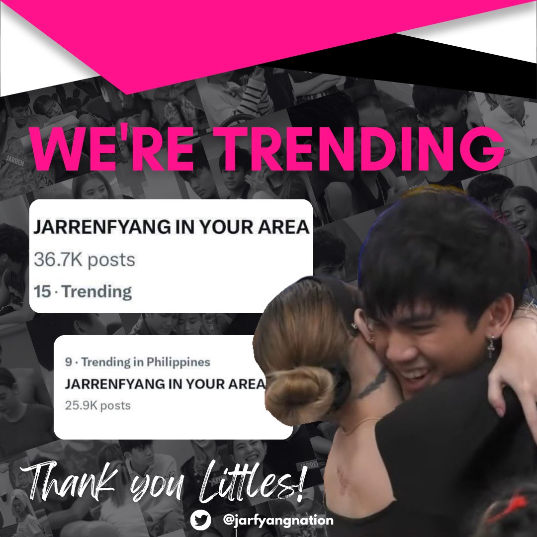 JarFyangNation1's tweet photo. 36.7k tweet count with our highest trending spot at 9th! Thanks to everyone who joined our trending party. ❤️‍🔥 https://t.co/Edtu8evg6c