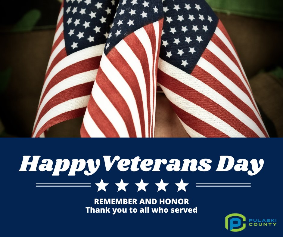 Happy Veterans Day from Pulaski County Government!
Today, we honor and thank all the brave men and women who have served our country with dedication and sacrifice. To all veterans, thank you for your  resilience and commitment to our nation. We salute you today and every day! 🇺🇸