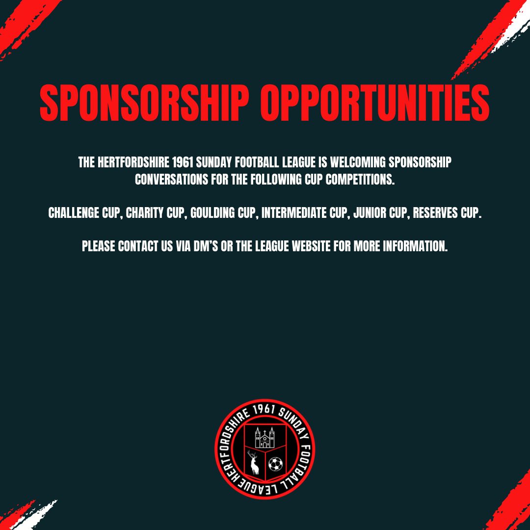 Herts1961sfl's tweet photo. Cup Sponsorship Opportunities 👀

Support local sports and boost your brand by sponsoring one of our exciting cup competitions!

We’re offering Hertfordshire businesses a unique opportunity to connect with our large community, while also gaining exposure through multiple events! https://t.co/KUaGo75Izc