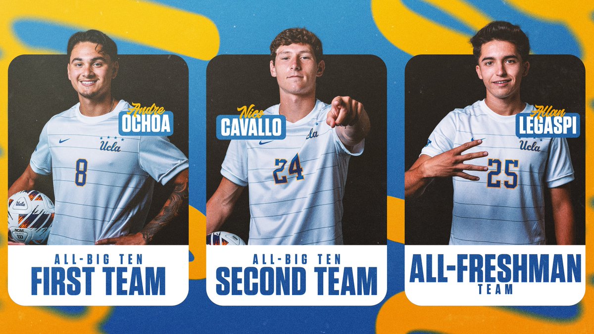 A trio of Bruins earn All-Big Ten honors!

🔵 Andre Ochoa, first team
🟡 Nico Cavalllo,  second team
🔵 Allan Legaspi all-freshman team

📰: ucla.in/4fhi4QN 

#GoBruins