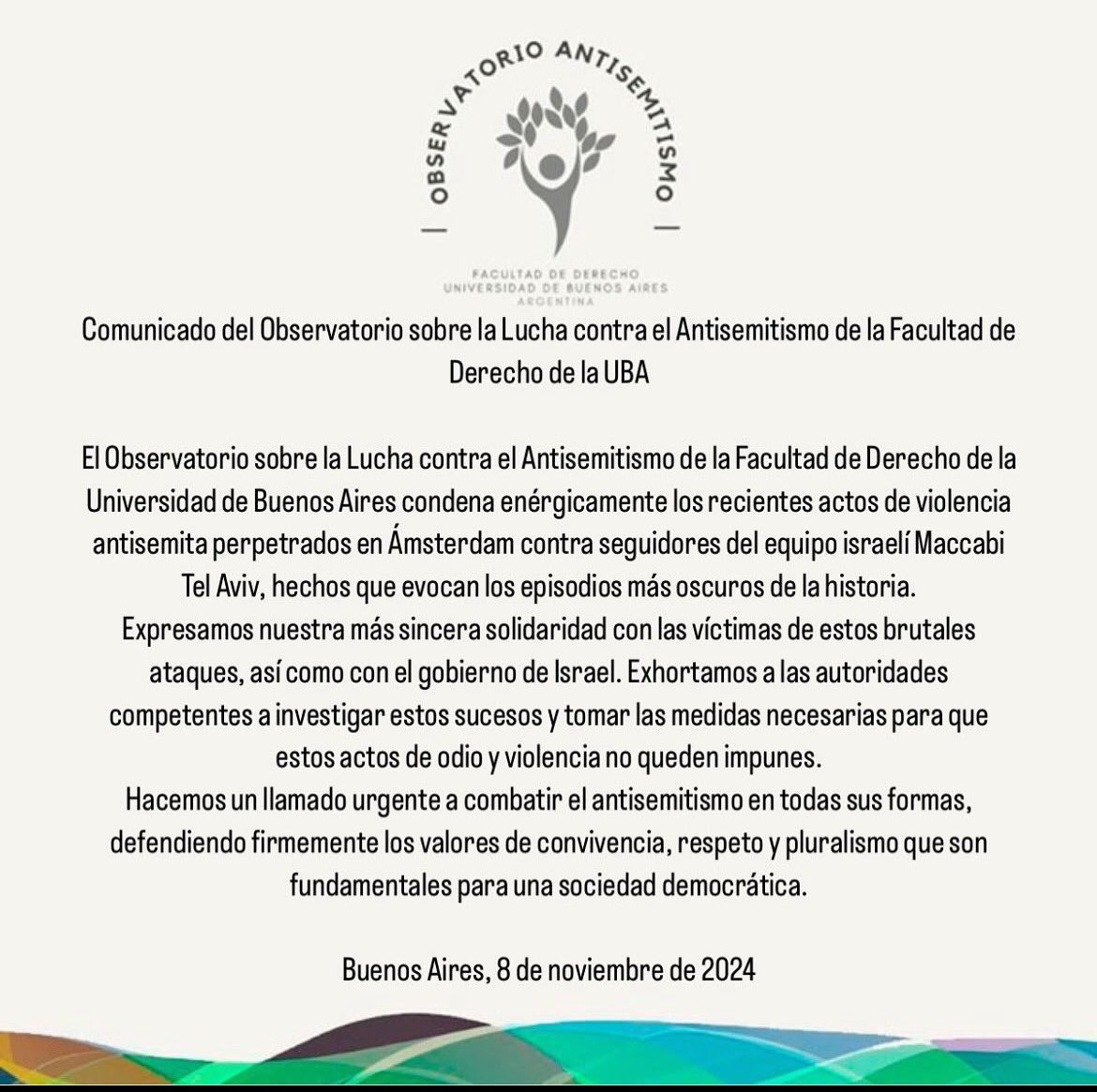 En base a los recientes acontecimientos sucedidos en Ámsterdam contra simpatizantes del Maccabi Tel Aviv, desde el Observatorio nos pronunciamos: