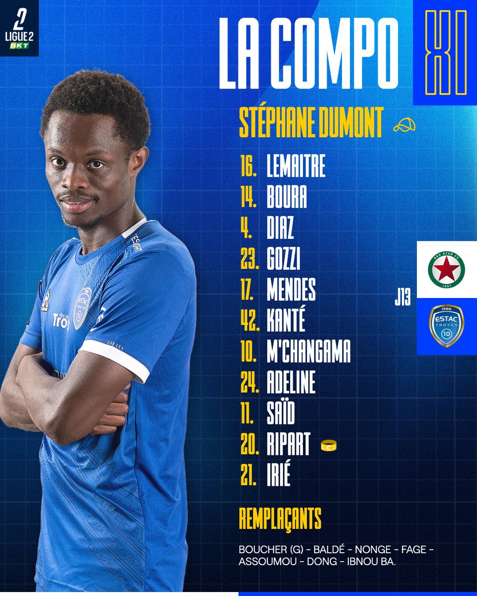 estac_officiel's tweet photo. 𝑳𝒆 𝑿𝑰 𝒅𝒆 𝒅𝒆́𝒑𝒂𝒓𝒕 💙

Voici le XI choisi par Stéphane Dumont pour cette rencontre face au @RedStarFC ! 🔥

#REDESTAC 🔵⚪️ https://t.co/pxOW48JOB4