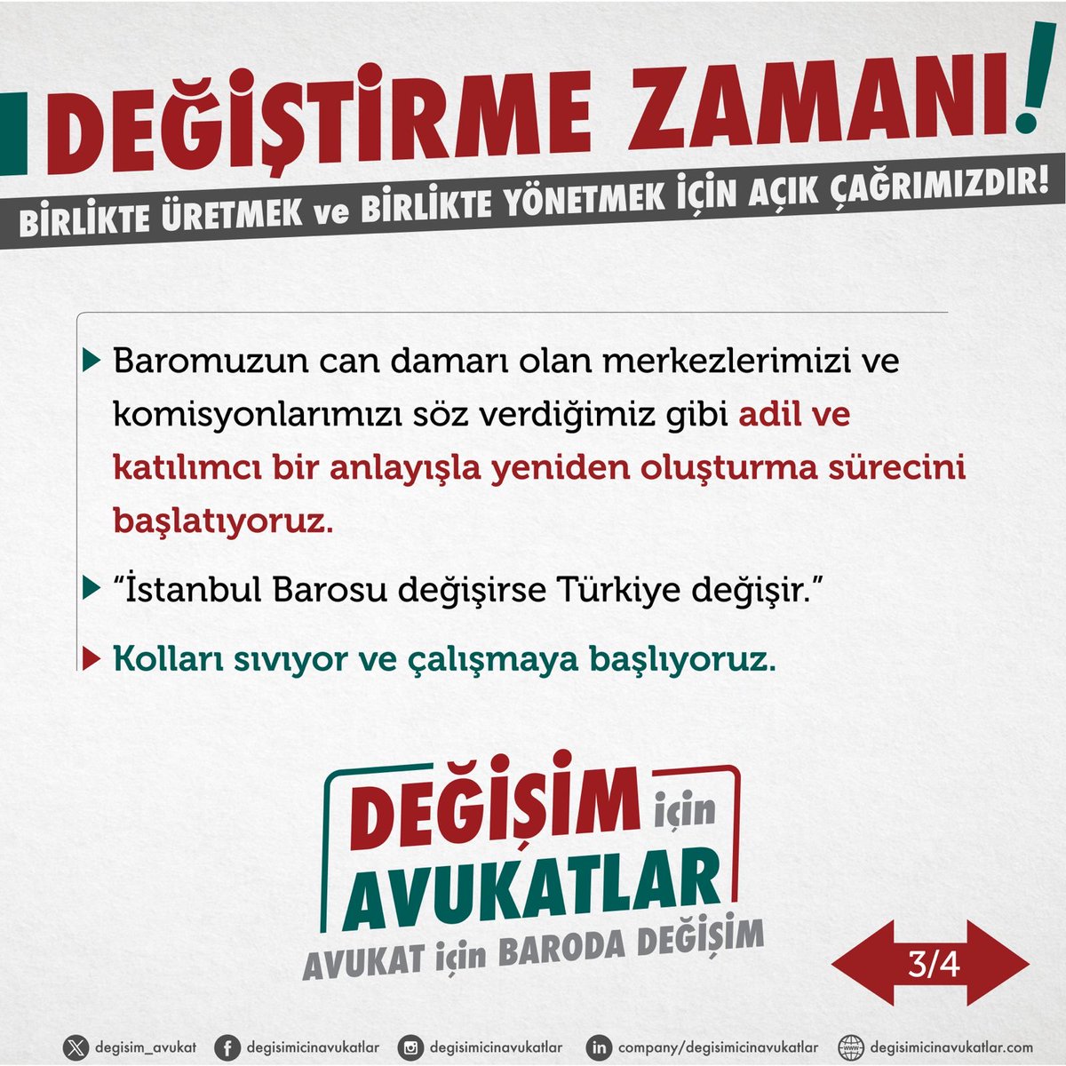 degisim_avukat's tweet photo. 🟩 Değişim İçin Avukatlar olarak fikir, dayanışma, eylem diyerek yola çıktık. Demokratik, katılımcı ve paylaşımcı bir baroyu hep beraber inşa edebileceğimize inandık. O hayalin ilk adımını hep birlikte attık, sizlerin desteğiyle seçimi kazandık. Şimdi sıra hayal edilen baroyu hayata geçirmeye geldi.
🟥 İstanbul Barosu değişirse Türkiye değişir.
🟩 Baromuzun can damarı olan merkezlerimizi ve komisyonlarımızı söz verdiğimiz gibi adil ve katılımcı bir anlayışla yeniden oluşturma sürecini başlatıyoruz.
🟥 Tüm meslektaşlarımızı merkezlere ve komisyonlara katılmaya ve aktif görev almaya davet ediyoruz.
🟩 Haydi çıkın, çıkın gelin!
#Değişimİçin