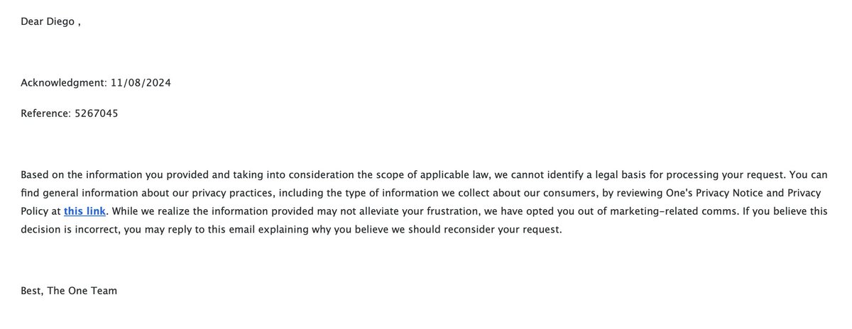diego_works's tweet photo. Hey @joinoneapp, I closed my acct a few weeks ago because I haven't used it in over a year. I asked for my account to be deleted and this is the response I received. Is it not possible to have my account deleted? https://t.co/whMVB4PYGy