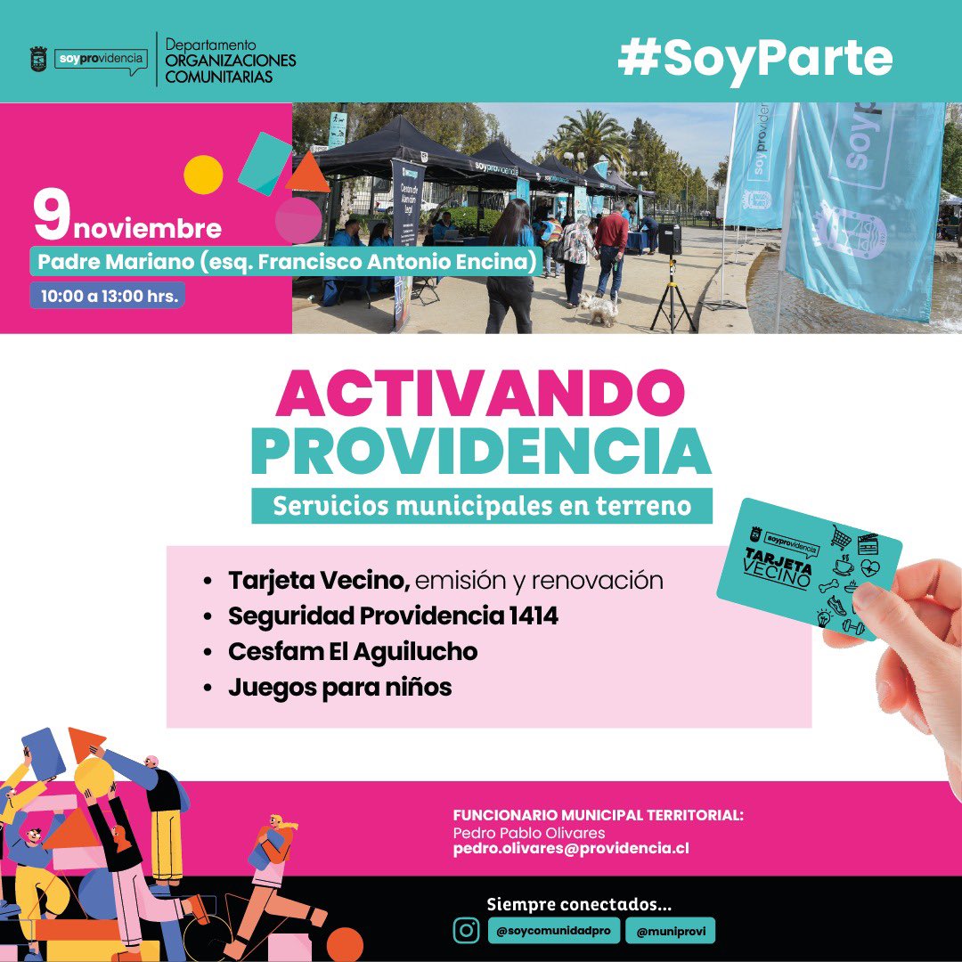 ACTIVANDO PROVIDENCIA 🙌🏻
Este sábado 9, tendrás una nueva oportunidad para solicitar tu Tarjeta Vecino, resolver tus dudas sobre seguridad con nuestros patrulleros y más, en Padre Mariano con Fco. Antonio Encina, de 10:00 a 13:00hrs. ¡Recuerda llevar un comprobante de residencia!