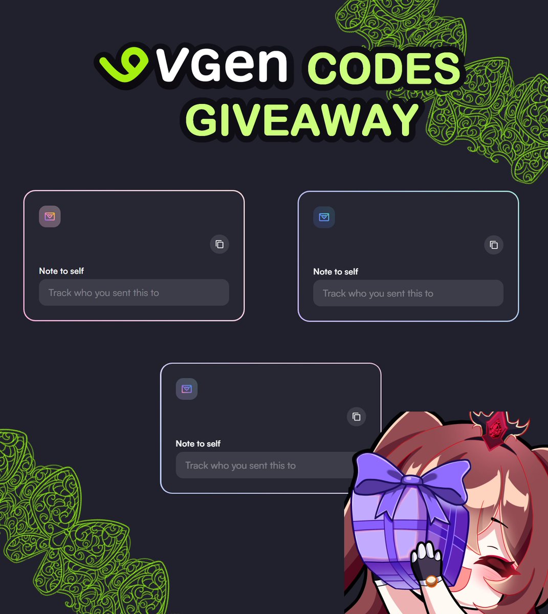 ✨Hello artists✨
I have 3 new #VGen artist codes to give away to people to help them reach THEIR goals and be part of this beautiful site.

 ♦️leave your portfolio or art below
 ♦️like + retweet

Good luck everyone!✨
#VGenCode