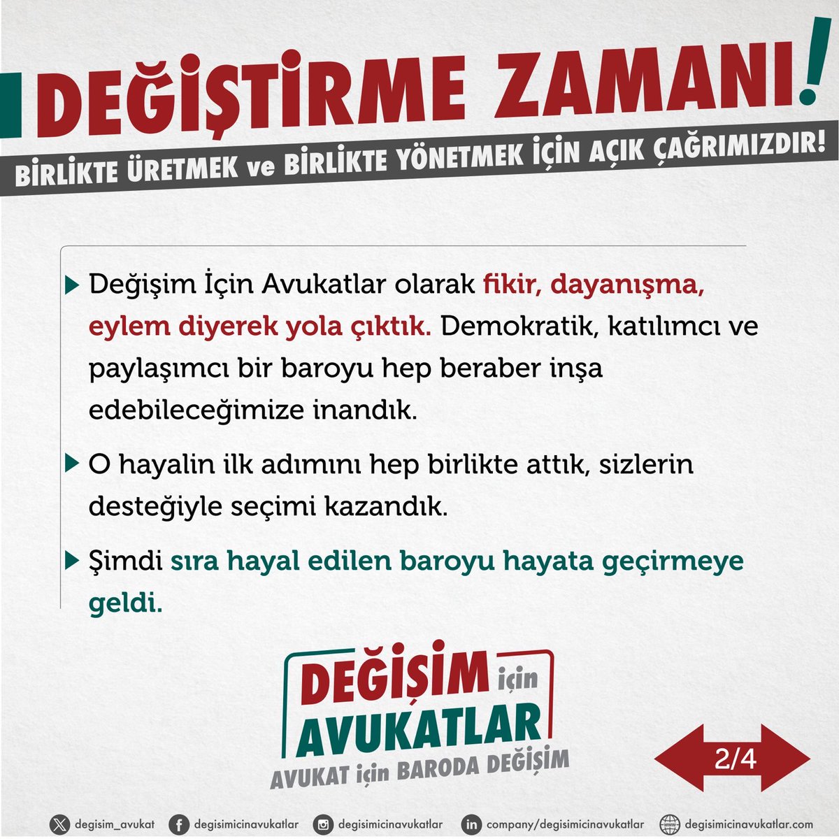 degisim_avukat's tweet photo. 🟩 Değişim İçin Avukatlar olarak fikir, dayanışma, eylem diyerek yola çıktık. Demokratik, katılımcı ve paylaşımcı bir baroyu hep beraber inşa edebileceğimize inandık. O hayalin ilk adımını hep birlikte attık, sizlerin desteğiyle seçimi kazandık. Şimdi sıra hayal edilen baroyu hayata geçirmeye geldi.
🟥 İstanbul Barosu değişirse Türkiye değişir.
🟩 Baromuzun can damarı olan merkezlerimizi ve komisyonlarımızı söz verdiğimiz gibi adil ve katılımcı bir anlayışla yeniden oluşturma sürecini başlatıyoruz.
🟥 Tüm meslektaşlarımızı merkezlere ve komisyonlara katılmaya ve aktif görev almaya davet ediyoruz.
🟩 Haydi çıkın, çıkın gelin!
#Değişimİçin