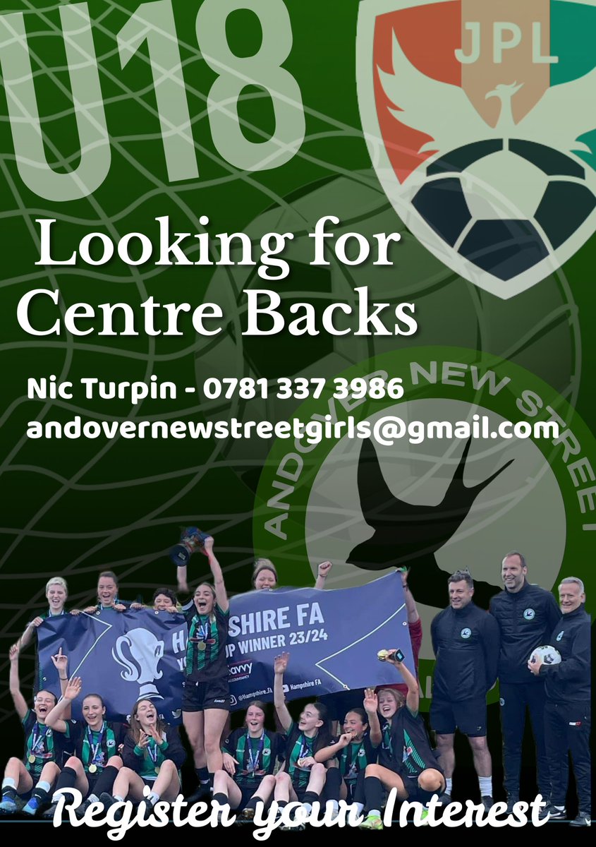 🚨PLAYER OPPORTUNITIES🚨 
Get in contact via email/phone or message on here 💚 
Training Tues/Thurs - matches on Saturday in JPL WARRIORS ⚽️
<a href="/JPL_WARRIORS/">JPL Warriors 🛡️</a> <a href="/HGYFL1/">Hampshire Girls Youth Football League</a> <a href="/HampshireFA/">Hampshire FA</a> <a href="/WiltsCountyFA/">Wiltshire FA</a> <a href="/DorsetCFA/">Dorset County Football Association</a> <a href="/surreyfa/">Surrey FA</a> <a href="/nicturpin/">Nic Turpin</a> <a href="/Kevinrileysm/">Kevin Riley</a> <a href="/NewStreetLadies/">Andover New Street Ladies FC</a>