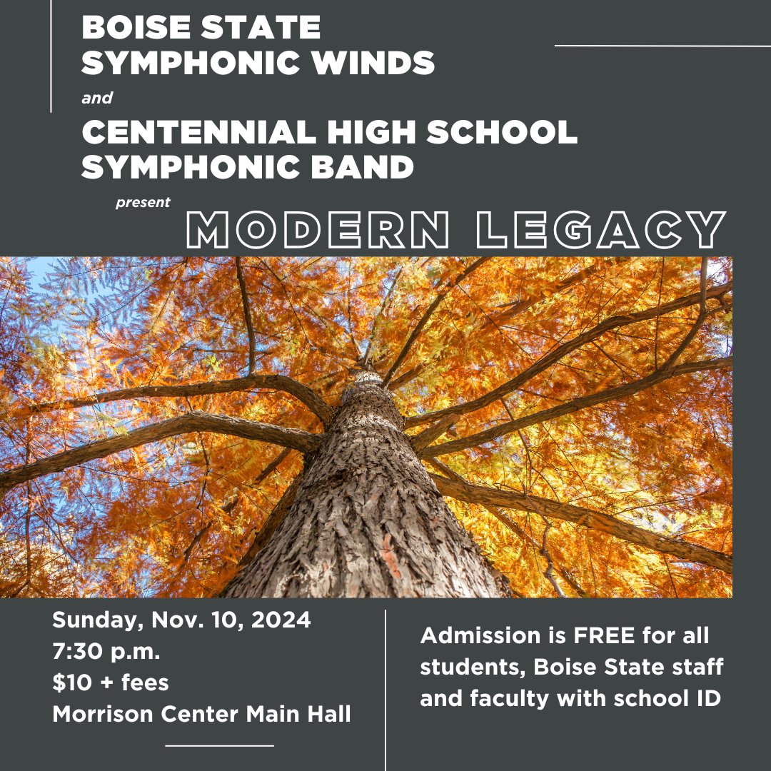 Join the Boise State Symphonic Winds and the Centennial High School Band for a shared concert event Nov. 10 at 7:30 pm in the Morrison Center Main Hall. #BoiseState faculty, staff and students get in free with school ID. 

To purchase tickets, please visit morrisoncenter.com/.../boise-stat…